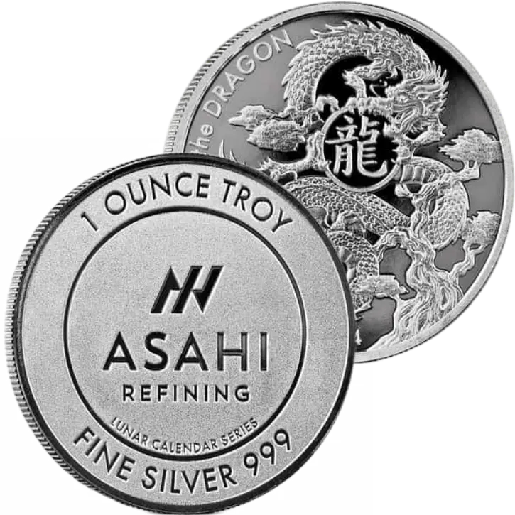 The 2024 1 oz Asahi Lunar Dragon Silver Round obverse and reverse overlapping.