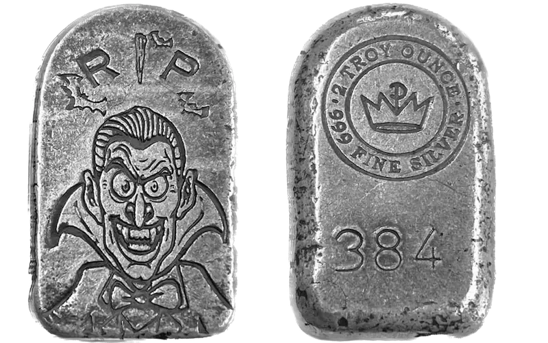 Both sides of the 2oz Silver Tombstone Bar.