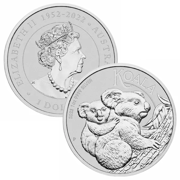 The 1oz Koala Perth Mint Silver Coin reverse and obverse overlapping.