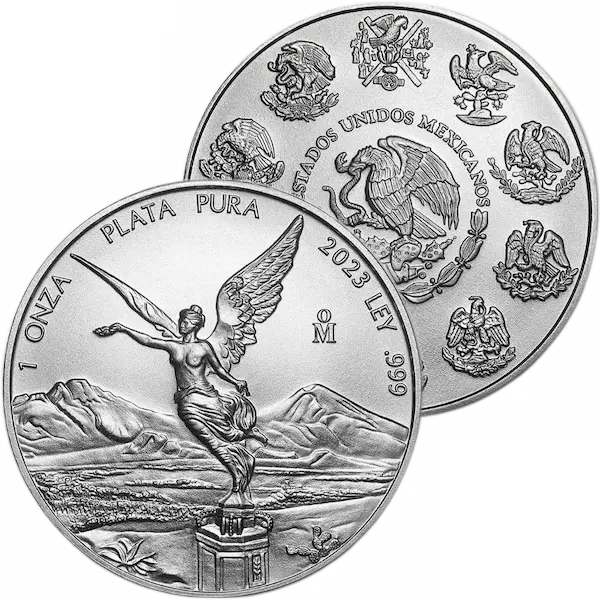 The 2023 Mexican 1oz Silver Libertad obverse and reverse overlapping.