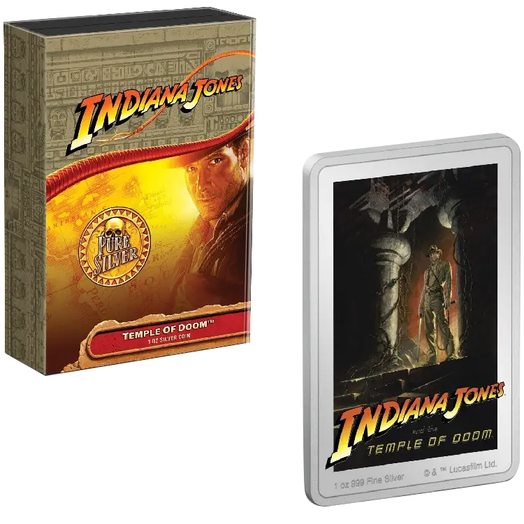 The Indiana Jones and the Temple of Doom Movie Poster 1oz Silver Coin along with it's package