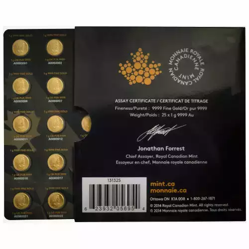 2015 25 Gram Canadian Gold MapleGram (25x1g, BU w/ Assay) (1)