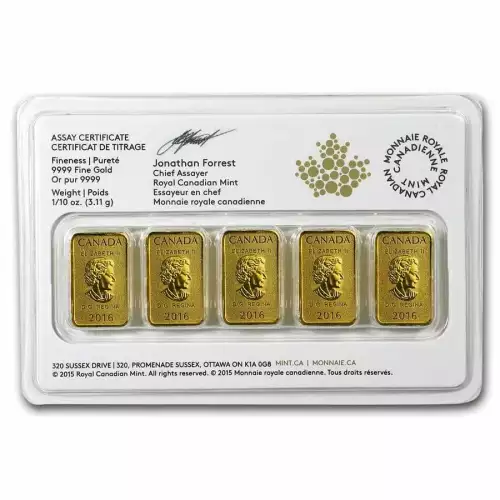 2016 1/2 oz Royal Canadian Mint Legal Tender Gold Bars (Set of 5 x 1/10 oz, New w/ Assay)